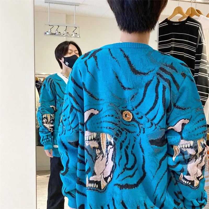 Suéter Vintage con estampado de tigre para hombre y mujer, suéteres de punto informales holgados con cuello de pico japonés, ropa de gran tamaño