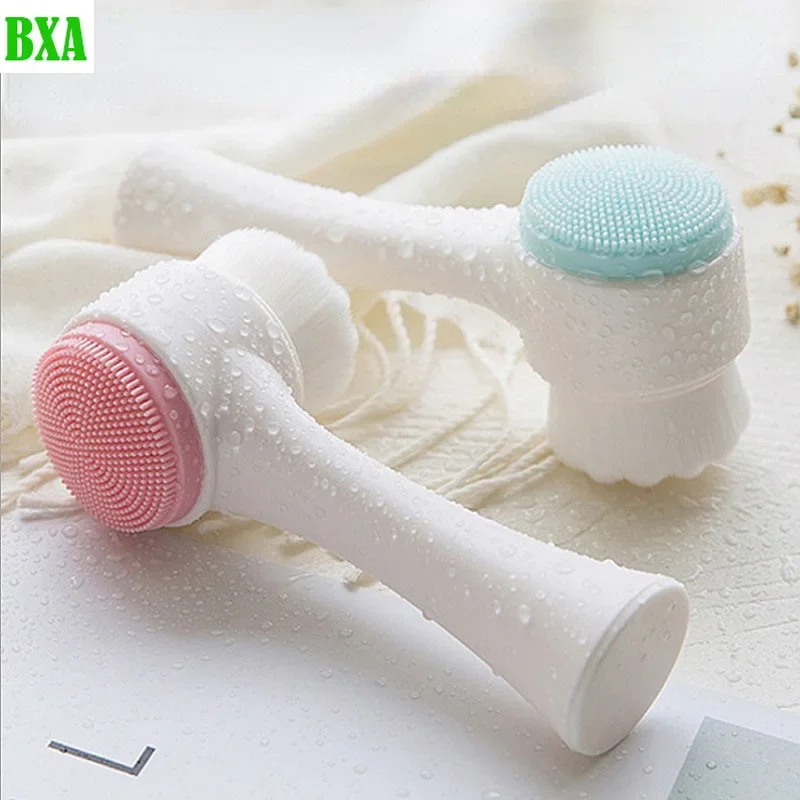 Portable 3D Bilateral Silicone Facial Cleanser Manual Massage Facial Brush Soft Bristles Silicone Double-Sided Face Brush