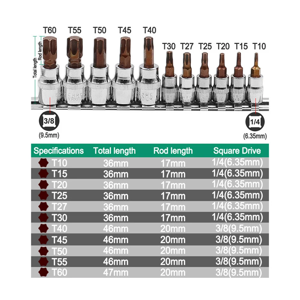 11 Stuks 3/8 1/4Inch Aandrijving Legering Torx Schroevendraaier Bits Socket Bit T10-T60 Handgereedschap Zeskant Mouw Nozzles Driver Set