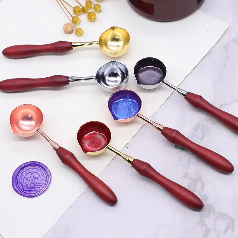 New Sealing Wax Spoon Anti-Hot Wood Handle Retro Wax Stamping Spoons Fire Paint Melting Firing Stamp Envelopes Card Metal Tool