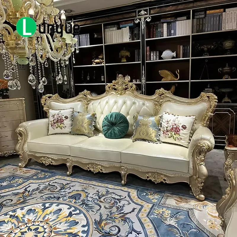 French Retro Carved Wood Frame Leather Sofa Set Luxury Villa Mansion Furniture Elegant Living Room Decor High Quality Comfort