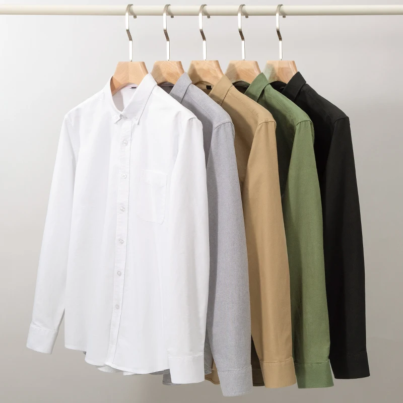 New in shirt 100%cotton long-sleeve shirts for men fashion Casual plain shirt solid color Oxford single pocket top white clothes