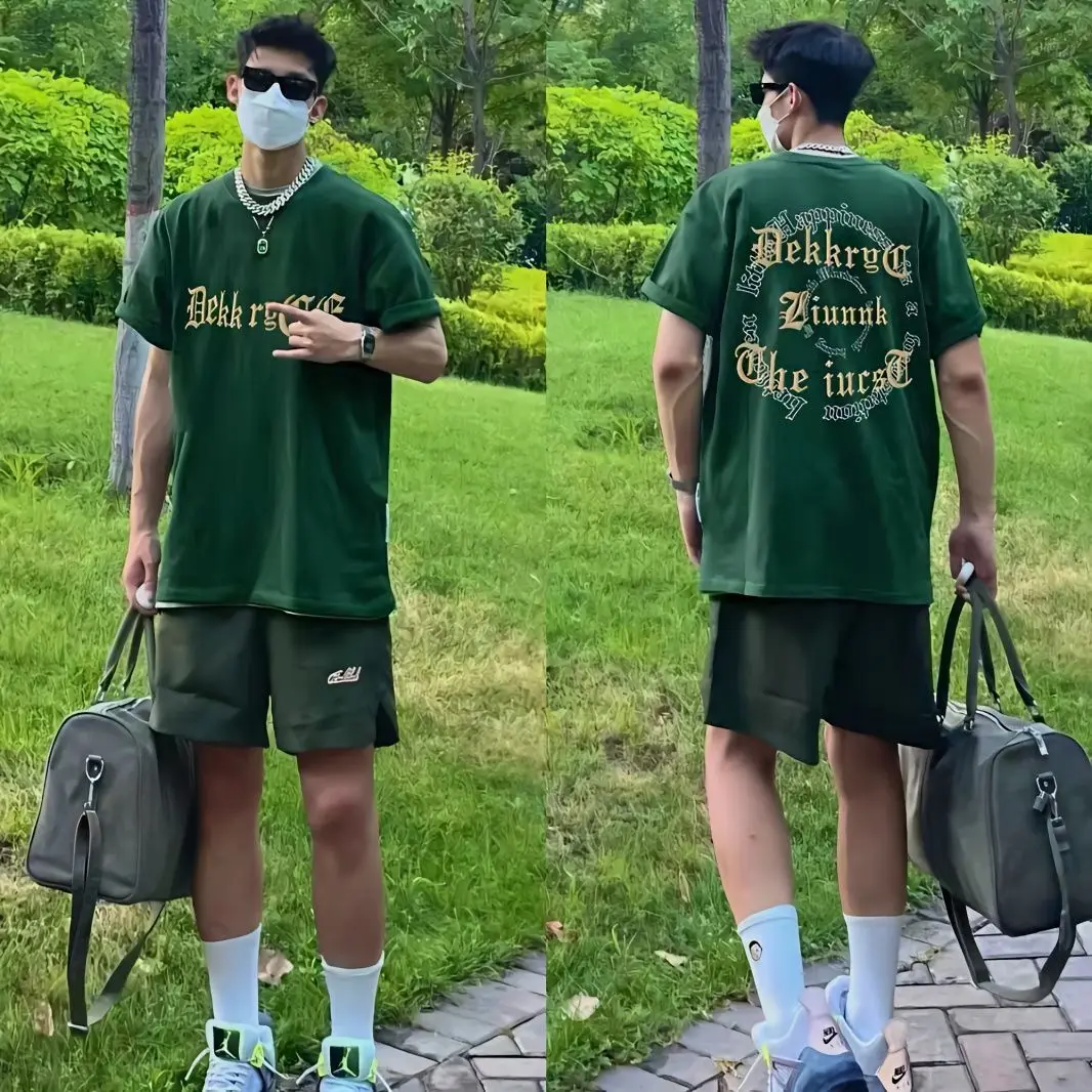 

plus Size American Sle T-irt Men's ort Sve een Cotton Letter Print Breathable Summer Versatile Loose Fit round Ne