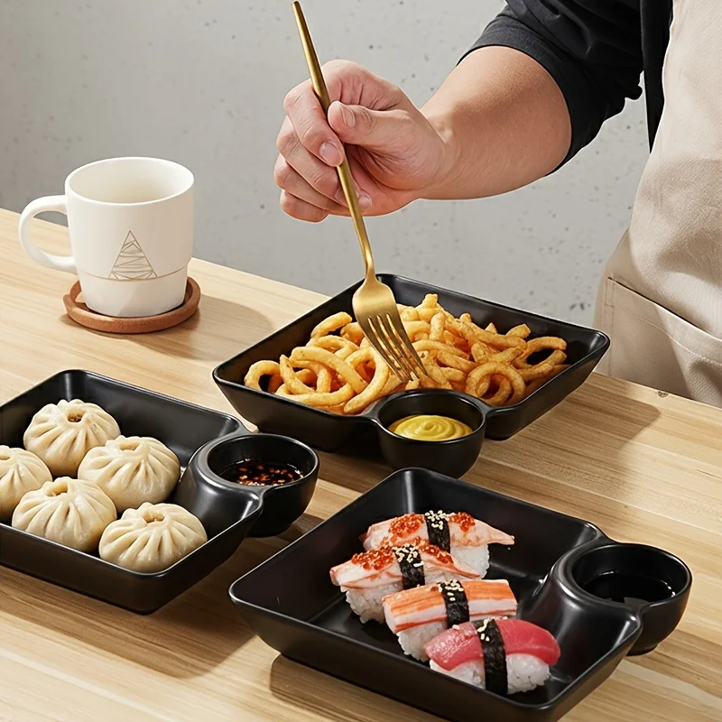 5Pcs Dumpling Plate, Square Tray,  with Sauce Area, Non-slip Stackable, Thick Heat-resistant PP, Microwave Dishwasher Safe