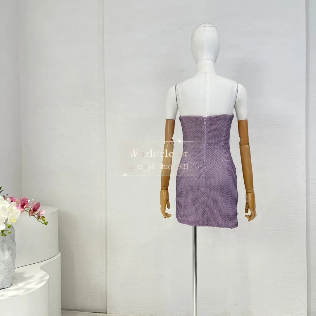 Strapless Women's Mini Dress for Party 2025 New Beautiful Purple Rhinestone Mesh Ruched