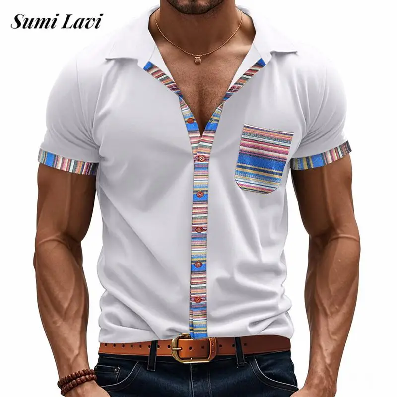 

2025 Summer Seaside Beach Casual Mens Shirts Vintage Boho Style Patchwork Shirt For Men Clothes Fashion Short Sleeve Cardigans