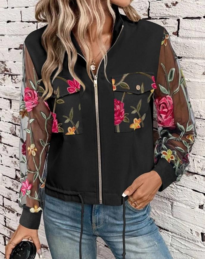 

Floral embroidery stand up collar transparent mesh long sleeved jacket with zipper drawstring casual jacket with pockets