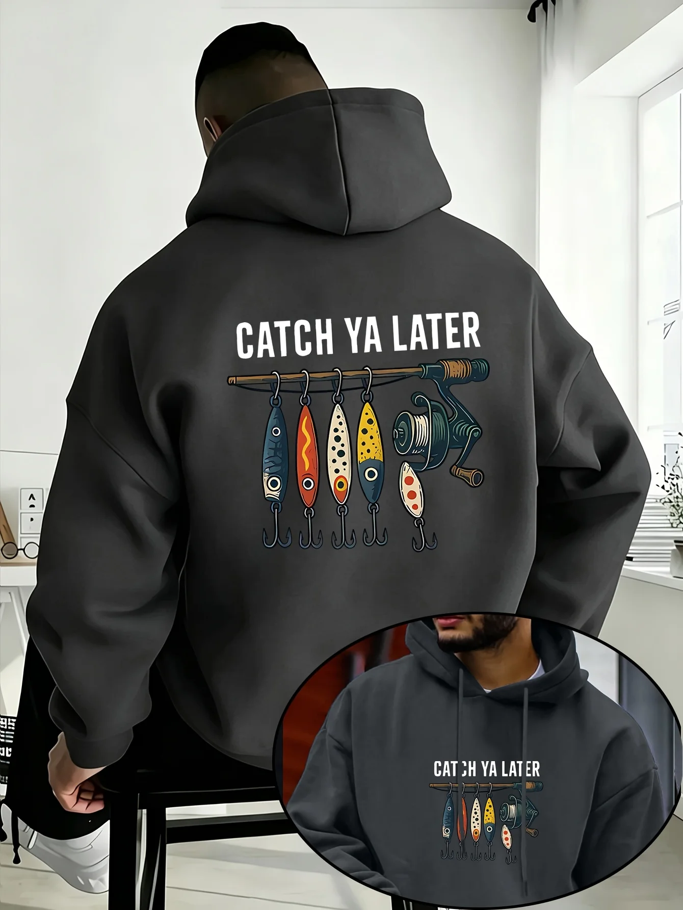 Herren Catch Ya Later Hoodie Beige Oversized Angelköder-Grafik Pullover Fischer Streetwear Sweatshirt Herbst Winter – Detail 5