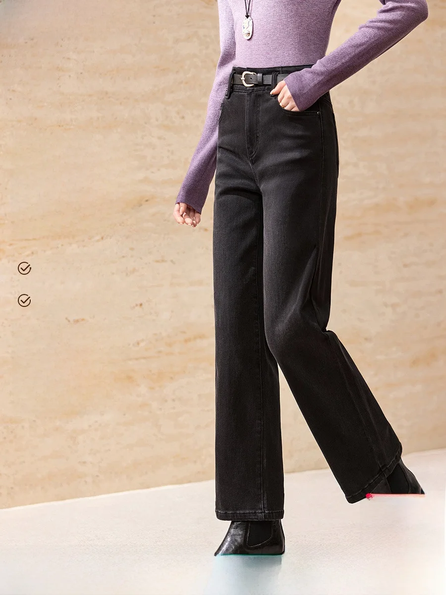 

Mo Han Mei Пригородные универсальные удобные теплые эластичные прямые джинсовые брюки с высокой талией на подкладке, женские зимние джинсы