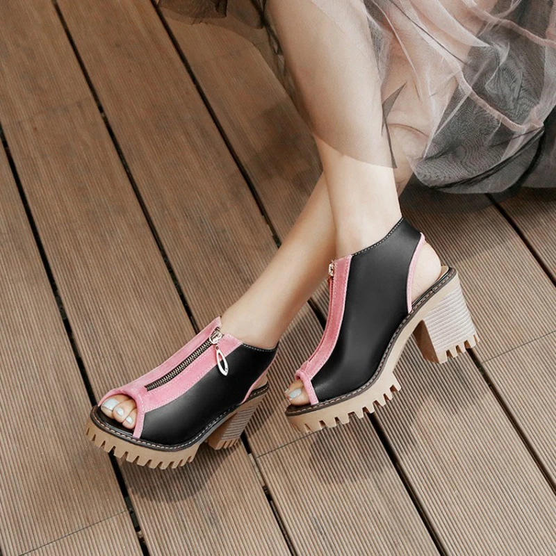 New Fashion Peep Toe Women Sandals Thick Heels Color Blocking Front Zipper Design Summer Woman Shoes zapatos de mujer WSH5654
