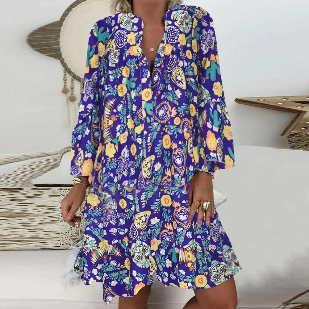 2023 Spring Printing Tassel Boho Mini Dress Women Elegant V Neck A-Line Office Dress Vintage 3/4 Flare Sleeve Summer Beach Dress