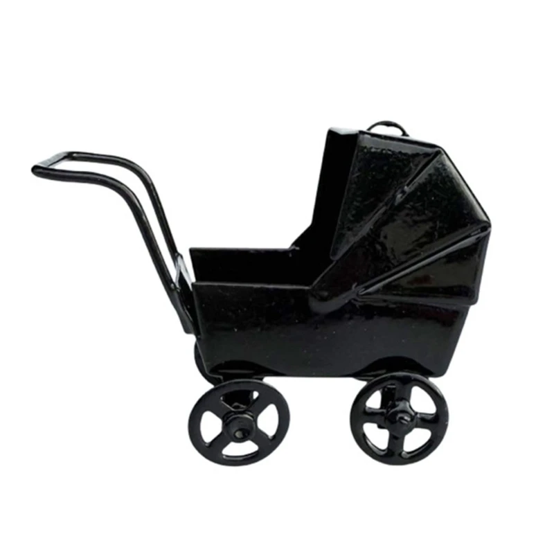 J2HD Dollhouses Black Crib 1:12 Model Toddler Stroller Model Toy 1:12 Scale Furniture