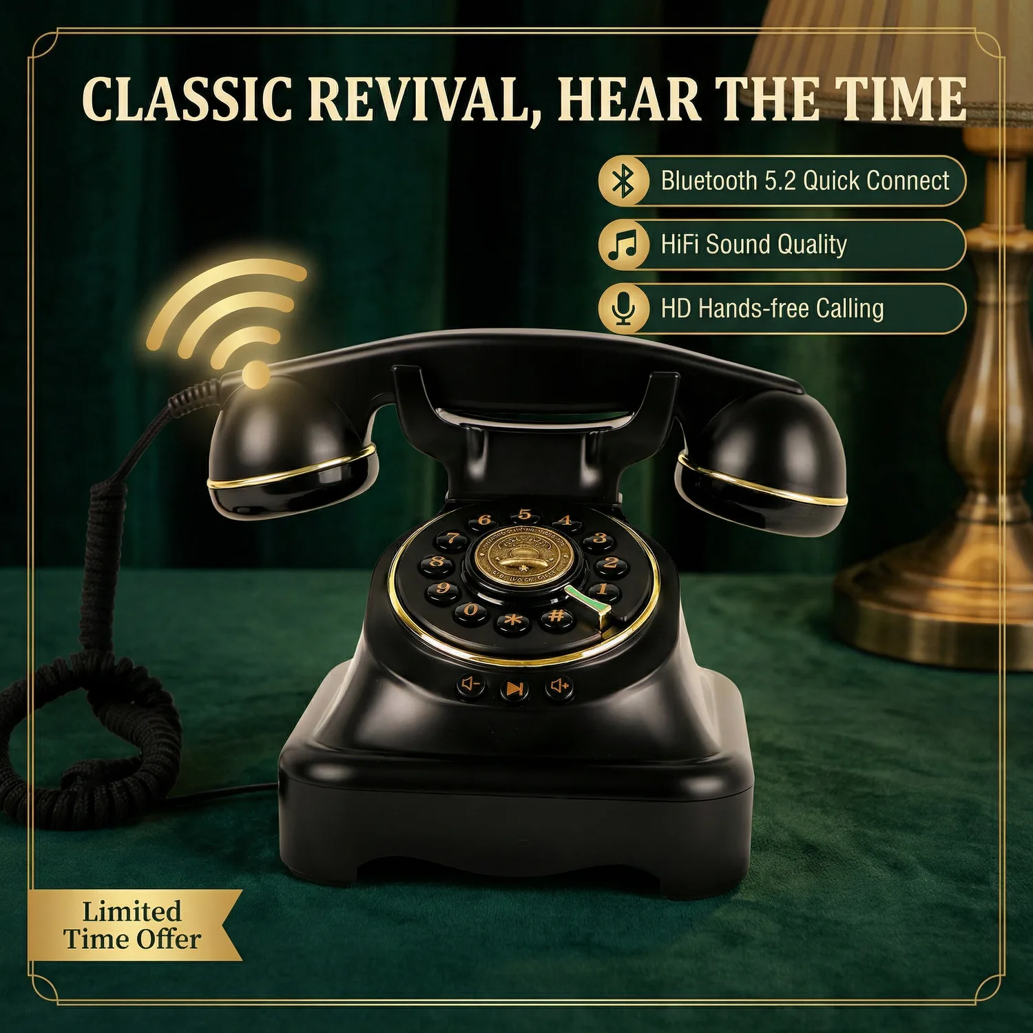 Retro Bluetooth Cordless Phone Vintage Rotary Dial Telephone with Bluetooth 5.2 Speaker Music Player 3-Button Easy Control Voice