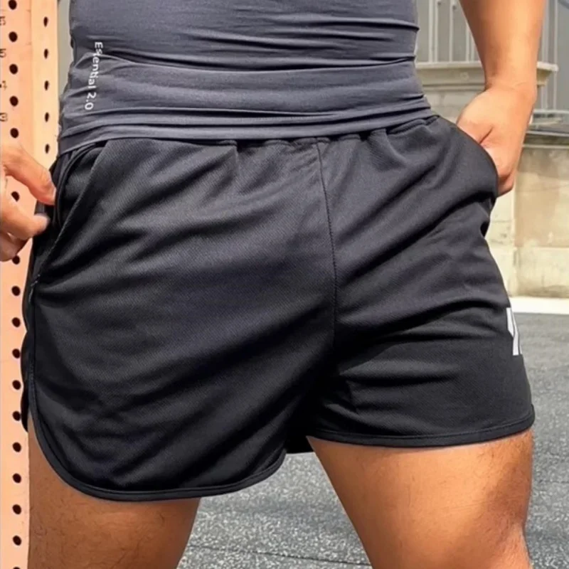 NEW Summer breathable Three-point beach shorts Men's Elastic Gym Fitness Training shorts Sports zipper pocket mesh men shorts