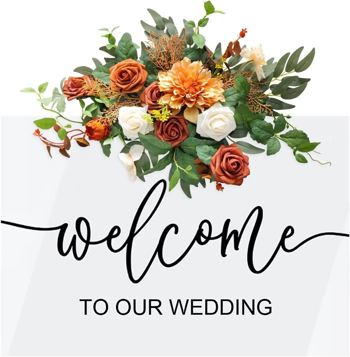 

Yannew Wedding Floral Swag Welcome Sign Artificial Flowers Backdrop for Ceremony Reception Board Head Entryway Table Decoration