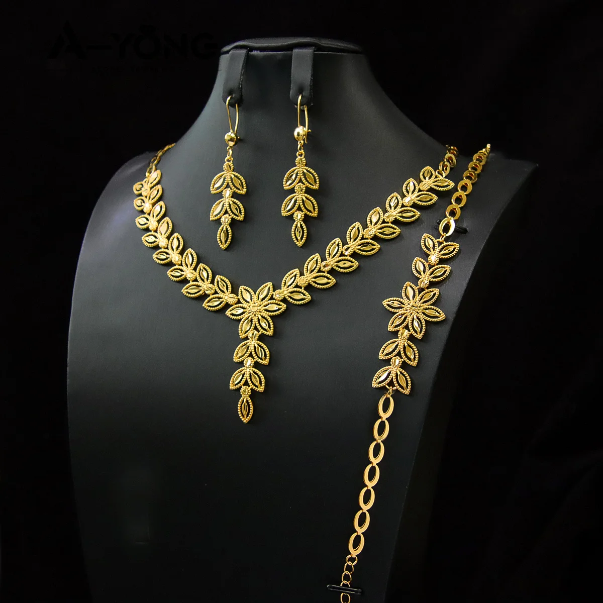 Ethiopian African Bride Necklace Sets 21K Gold Plated Nigeria Luxury Wedding Leaf Jewelry Dubai Women Engagement Jewelrys