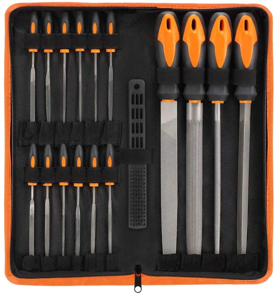 17Pcs File Tool Set with Carry Case Premium Grade T10 Drop Forged Alloy Steel 4 Large File and 12pcs Needle Files/1 Brush