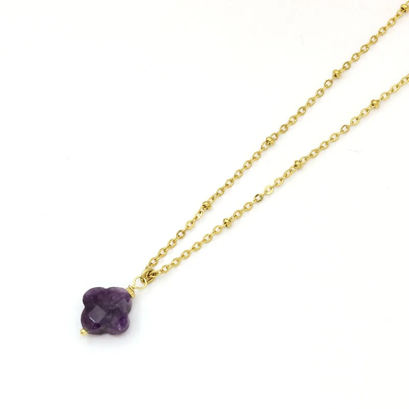 Cut Gemstone Natural Stone Clover Pendant Necklace For Women Stainless Steel Gold-plated Chain Choker Trendy Jewelry