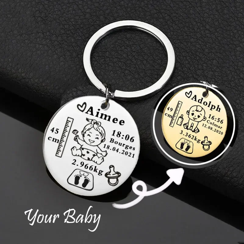 

Lovely Personalized Engraved Stainless Steel Keychain Name Birth Weight Height For Newborn Baby Information Keyring Gift