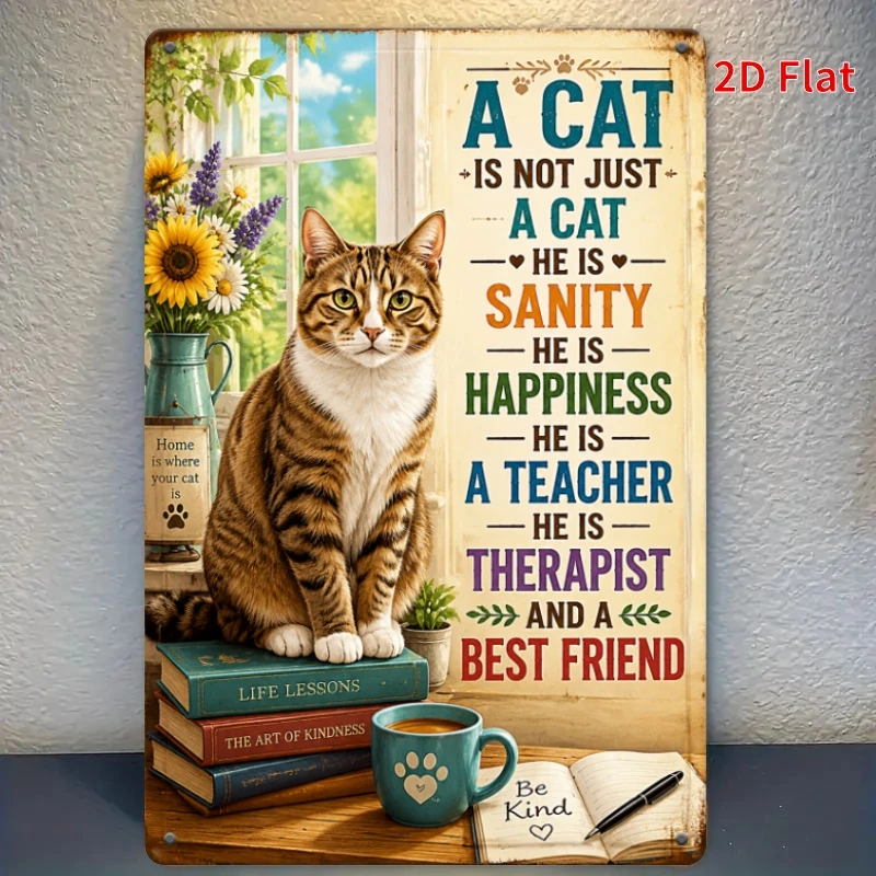 2D Flat - [2Dflat], 1pc 11.81X7.87inch- A Cat Is Sanity Happiness Therapist Best Friend Tin Sign, Cat Lover Quote Decorative Sig