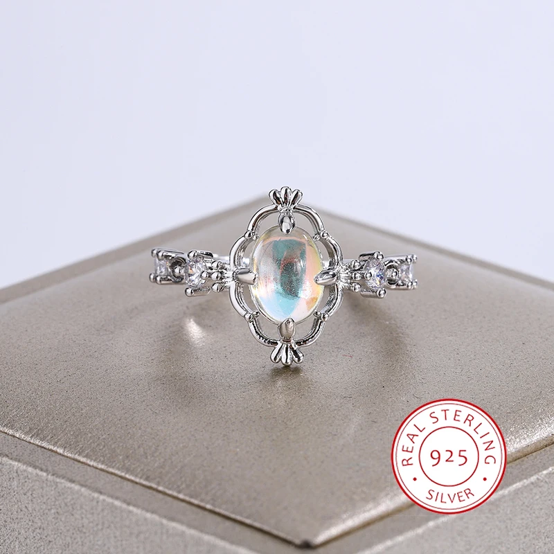 Hermoso anillo de plata S925 para mujer, anillo de piedra lunar de moda, joyería de compromiso creativa, regalo de aniversario, anillo de boda