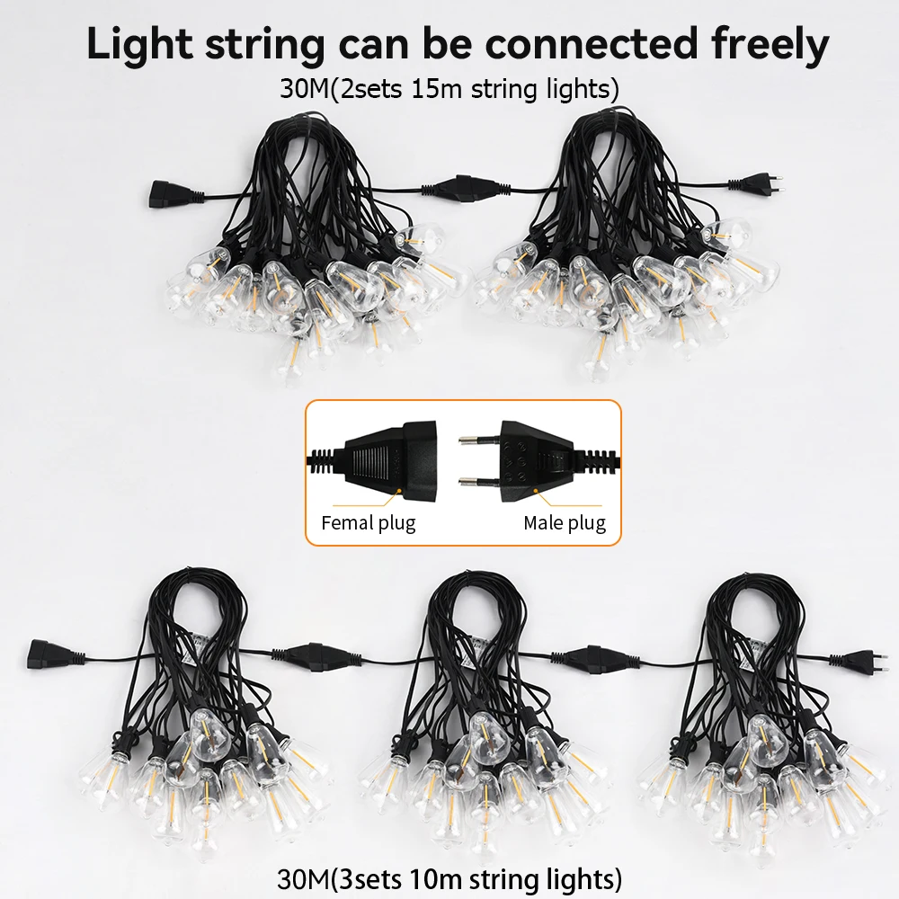 65FT Outdoor-Girlanden-Lichterkette, 48 LEDs + 2 bruchsichere ST38-Edison-Glühbirnen, wasserdicht, für Terrasse, Veranda, Garten, Hochzeit, Dekor, Lampen, 2200 K – Detail 12
