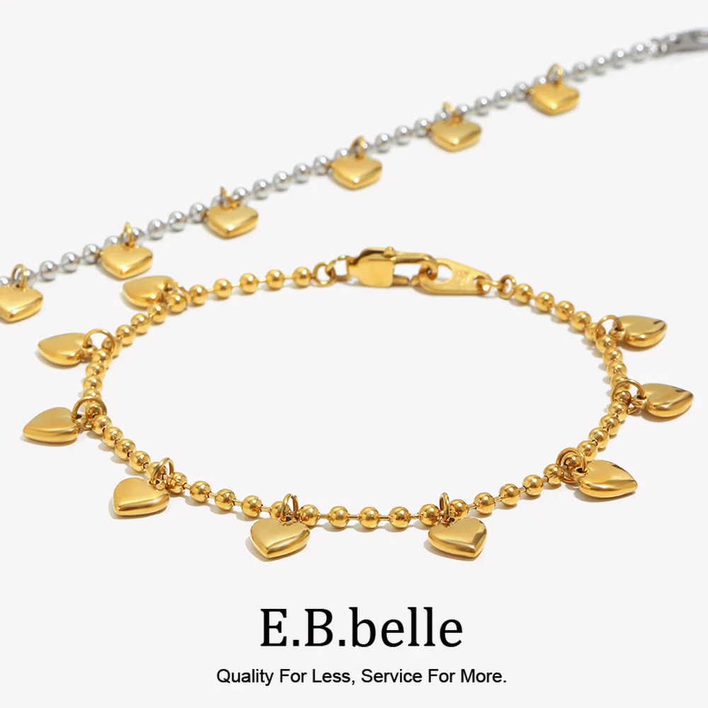 E.B.belle Creative Mixed Color Round Beaded Chain Heart Bracelet 18K Gold Plated Stainless Steel Fashion Jewelry