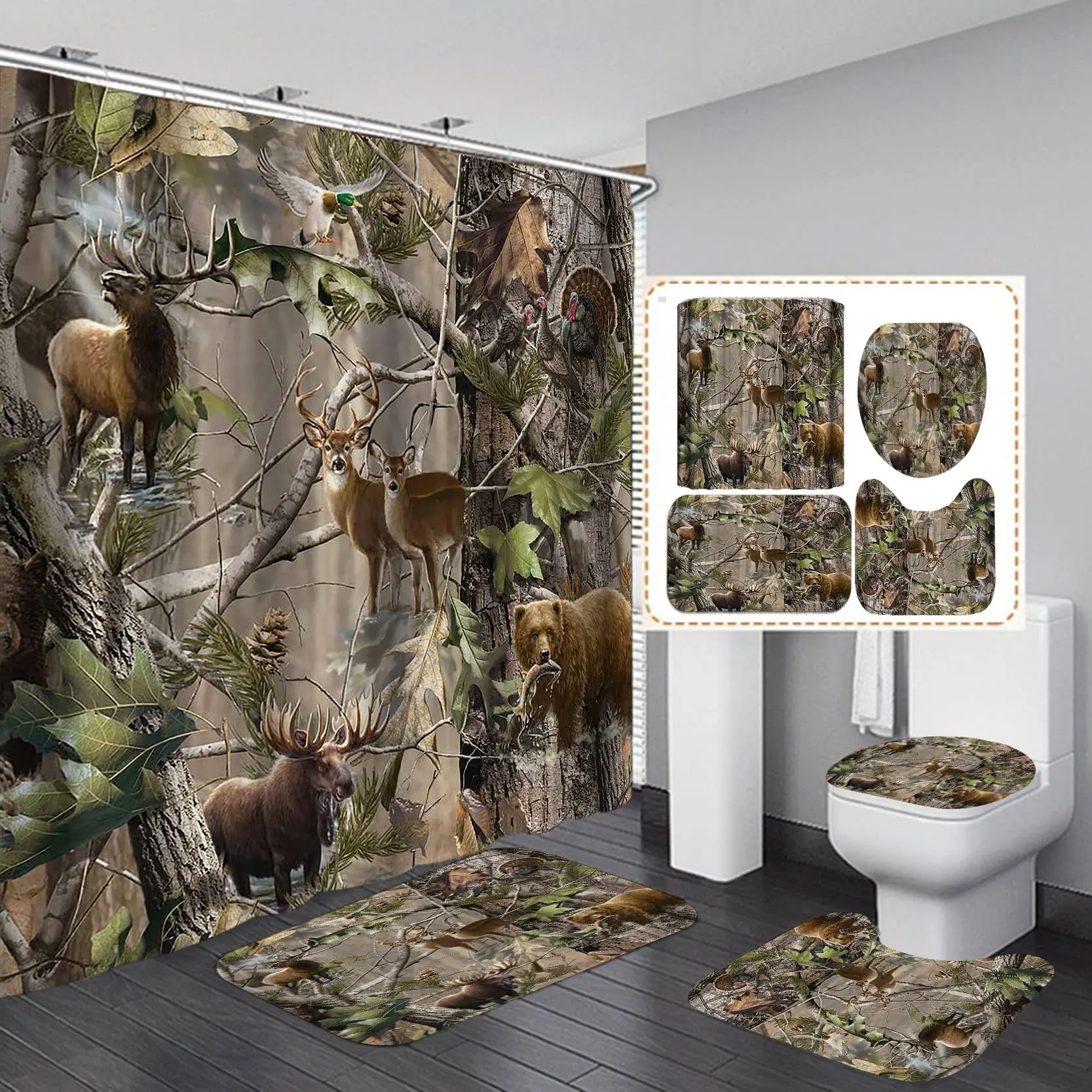 

Hunting Camo Elk Moose Bear Deer Shower Curtain Set Bathroom Set Wild Animals Forest Bath Curtain Mats Rugs Woodland Lodge Decor