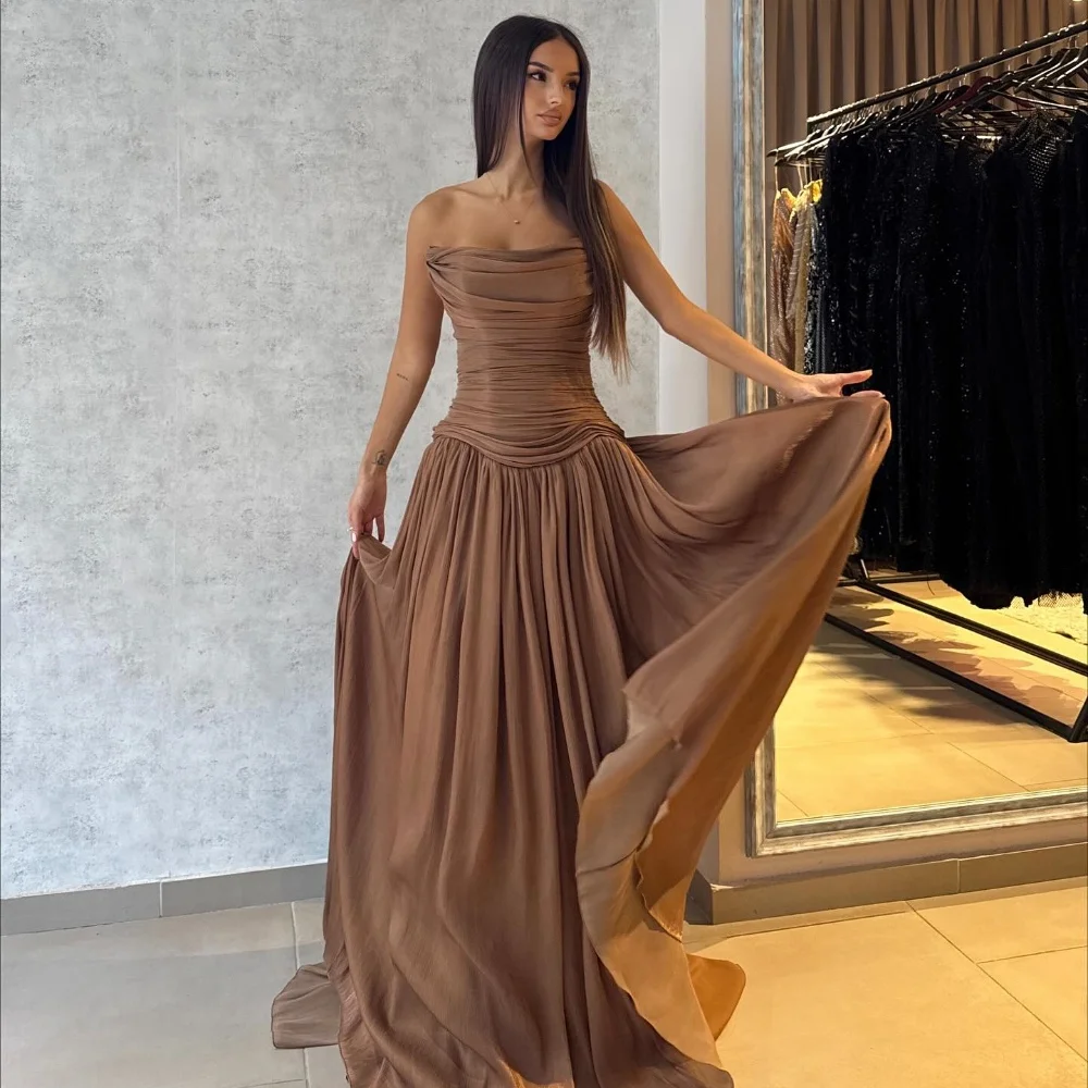 

Customized Intricate Matching Chiffon Pleat Ruched Draped A-line Strapless Long Dresses Bespoke Occasion Dresses Sizes Available