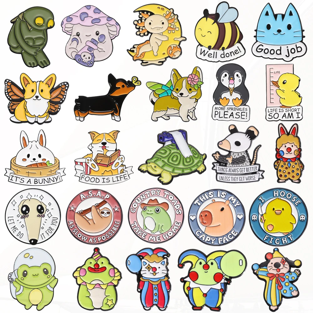 Dog Cat Penguin Duck Rabbit Tortoise Mouse Clown Cowboy Frog Metal Badge Punk Brooch Jewelry Cute Animal Pin Sad Frog Bee Wings