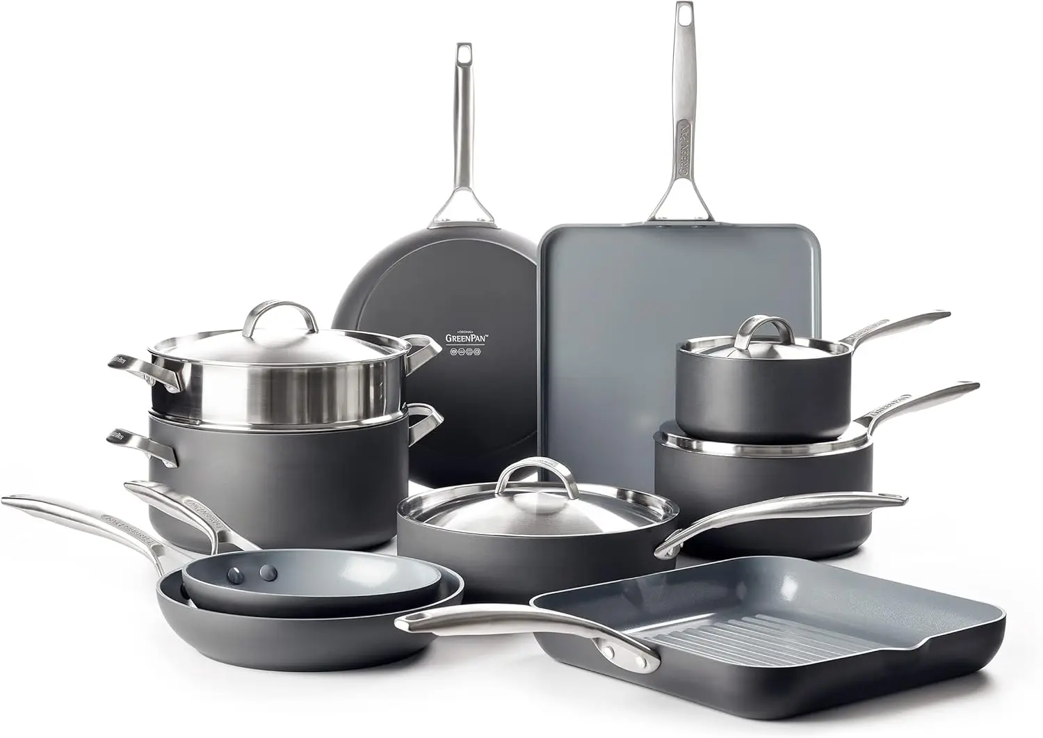 

Paris Pro Hard Anodized Healthy Ceramic Nonstick, 14 Piece Cookware Pots and Pans Set with Stainless Steel Lids, PFAS-Free, Dish