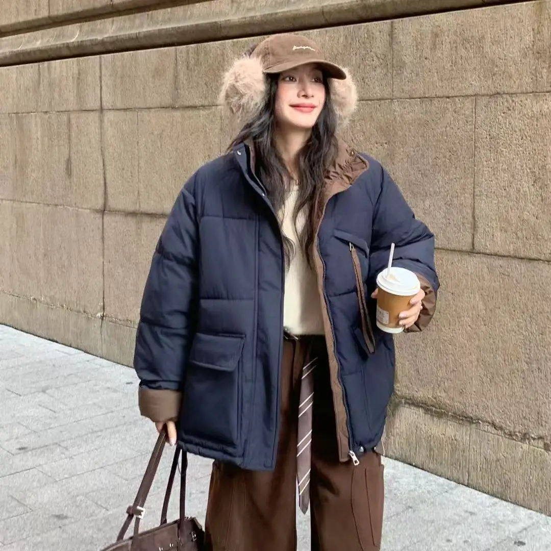 

2025 Winter Fashion New Women's Down Cotton Jacket Commuter Splicing Windproof Stand Up Collar Oversized Jacket
