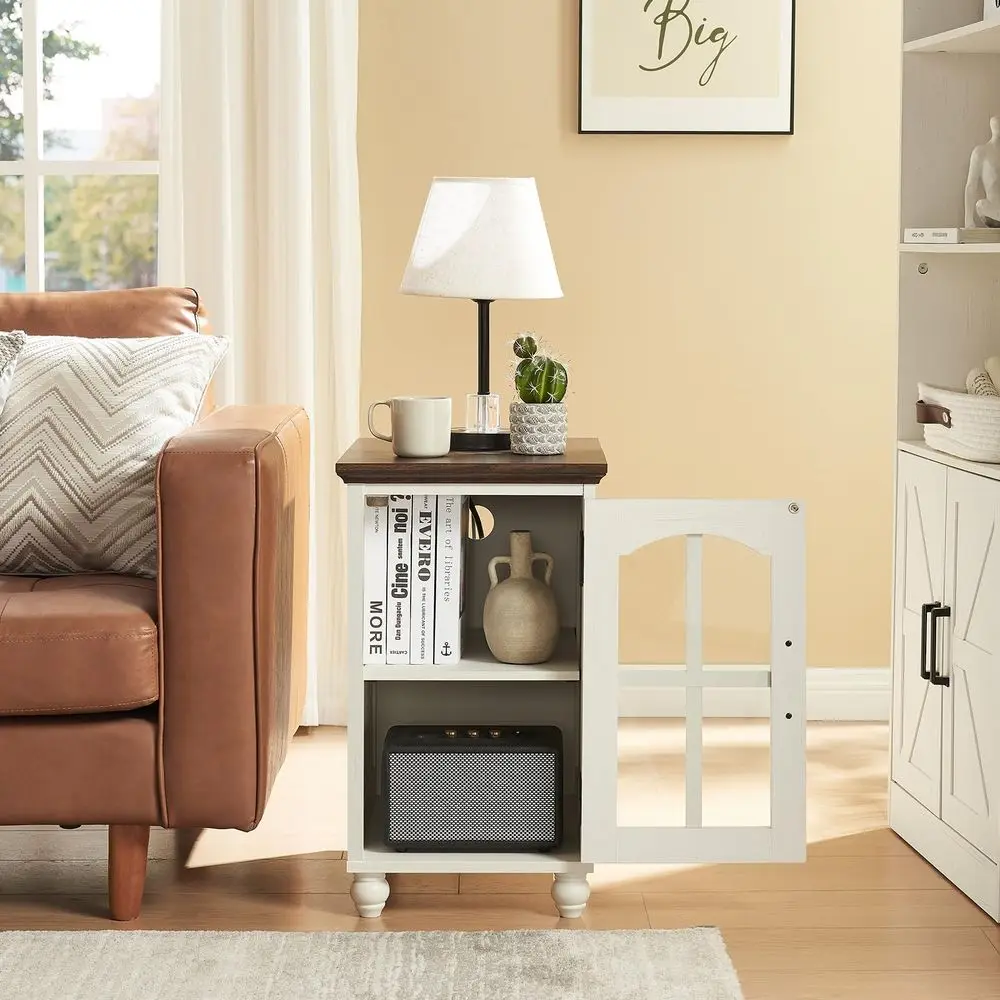 

Side Table,Farmhouse Nightstand with Charging Station,Wood End Table with Glass Barn Door Storage, Cabinet Organizer with Adjus
