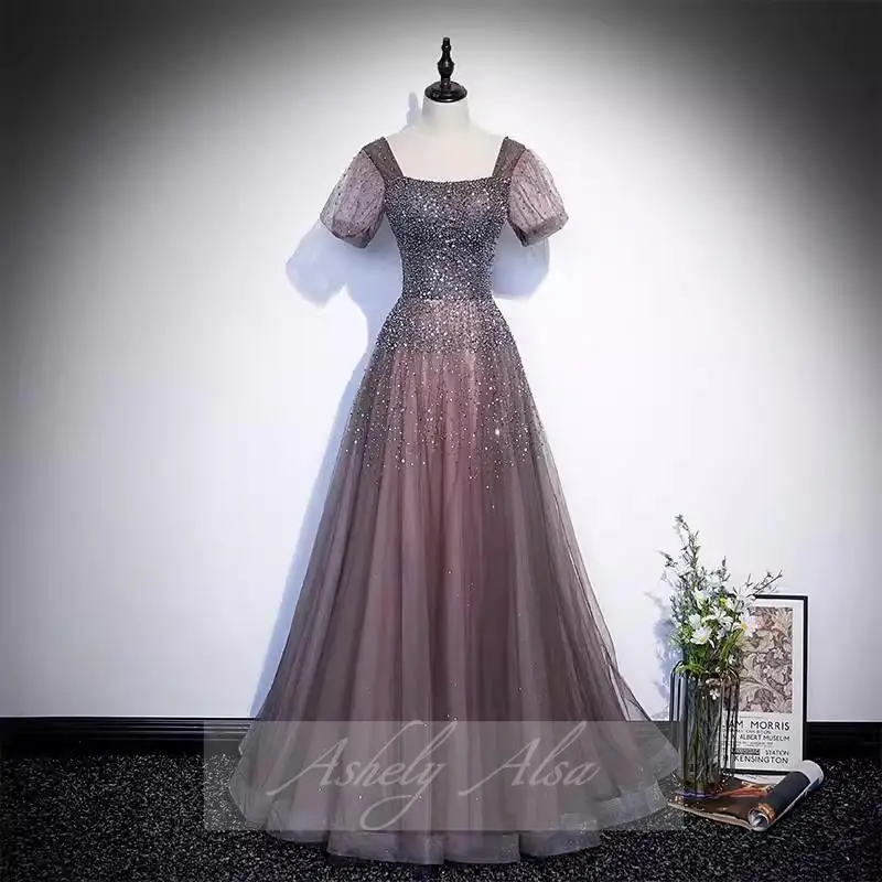 Elegant Real Picture Short Sleeve Women Evening Dresses Square Neck Sequined A Line Mother Of Bride Formal Party Gown Prom Wear