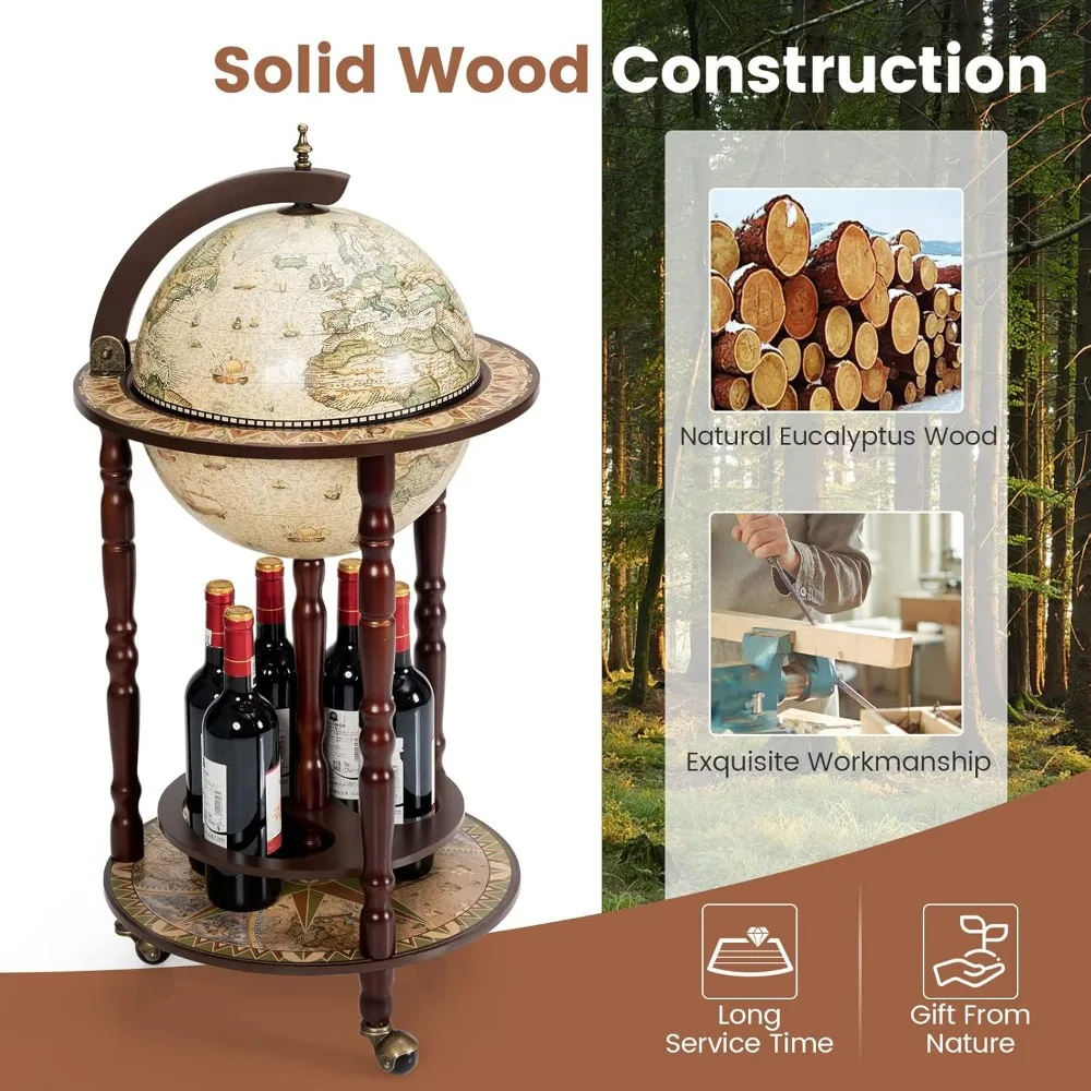 18-inch Antique-Style Globe Bar Cabinet on Wheels with Bottom Shelf and 16th Century Italian Map Replica