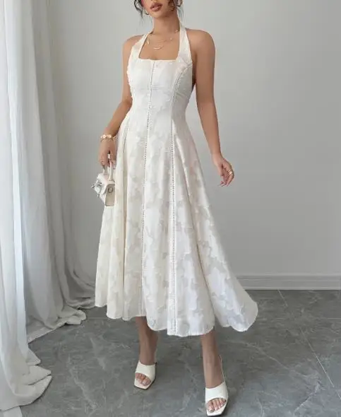 Elegantes, trägerloses, langes Neckholder-Kleid für Damen, Herbst-Winter 2025, und minimalistischer Stil, sexy Partykleider für Damen mit hoher Taille