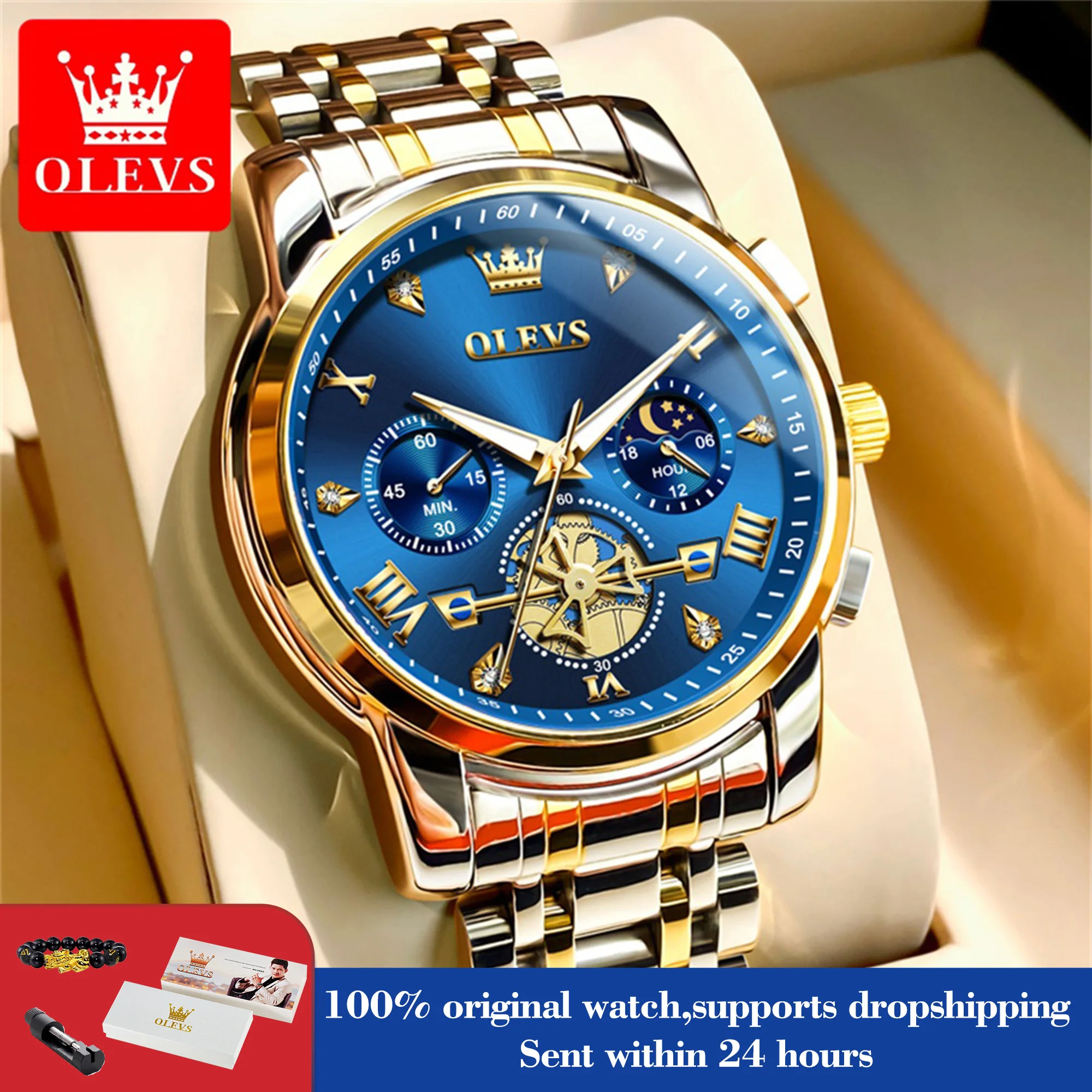 

OLEVS 2856 Watch For Men Moon Phase 24 Hour Display Waterproof Quartz Man Wrist Watches 42mm Big Dial Original Luxury Hand Clock