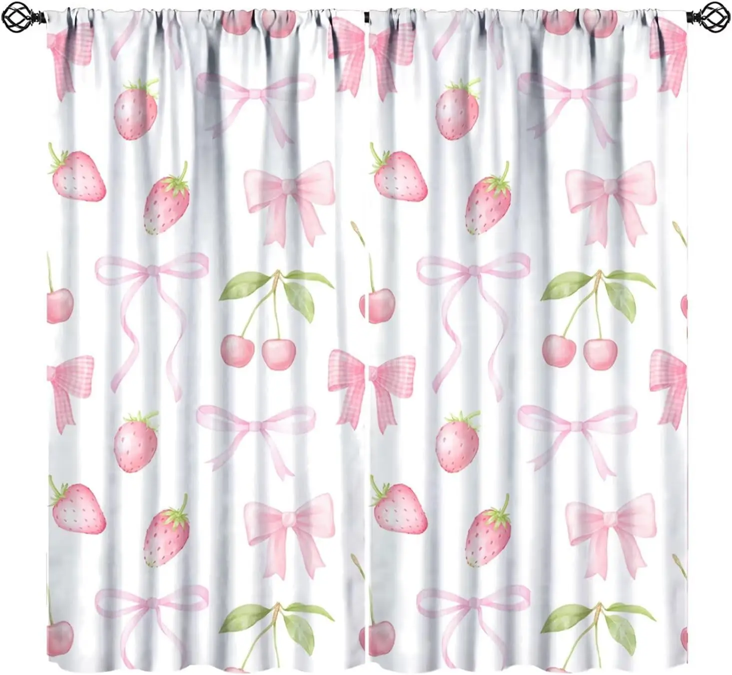 Pink Bow Strawberry Cherry Watercolor Blackout Rod Pocket Curtain Cute Fruit Decor Girls Homestay Bedroom Rest Bay Window
