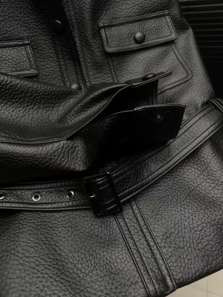 디자이너 여성 빈티지 천연 가죽 재킷 하이 스트리트 턴다운 칼라 싱글 브레스티드 허리띠 펑크 양가죽 모터사이클 코트