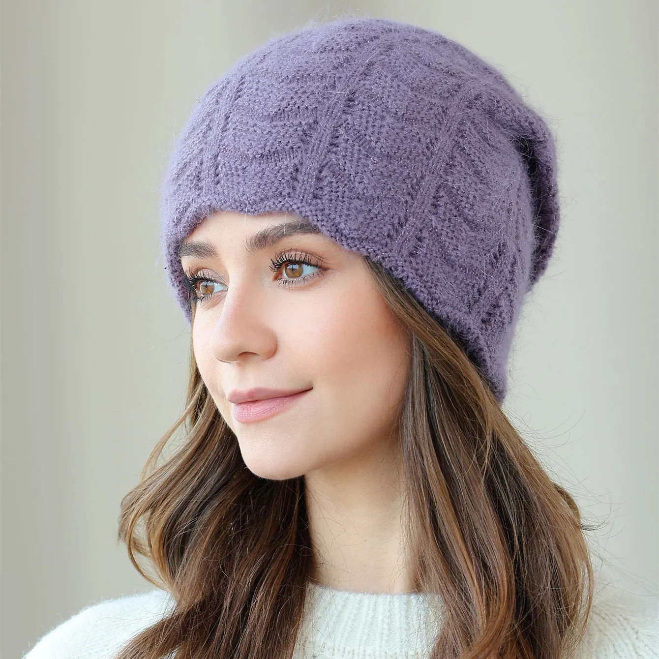 Hot Sale Elegant Rabbit Hair Blend Knitted Beanie for Women, Soft Warm Winter Hat with Glitter Yarn