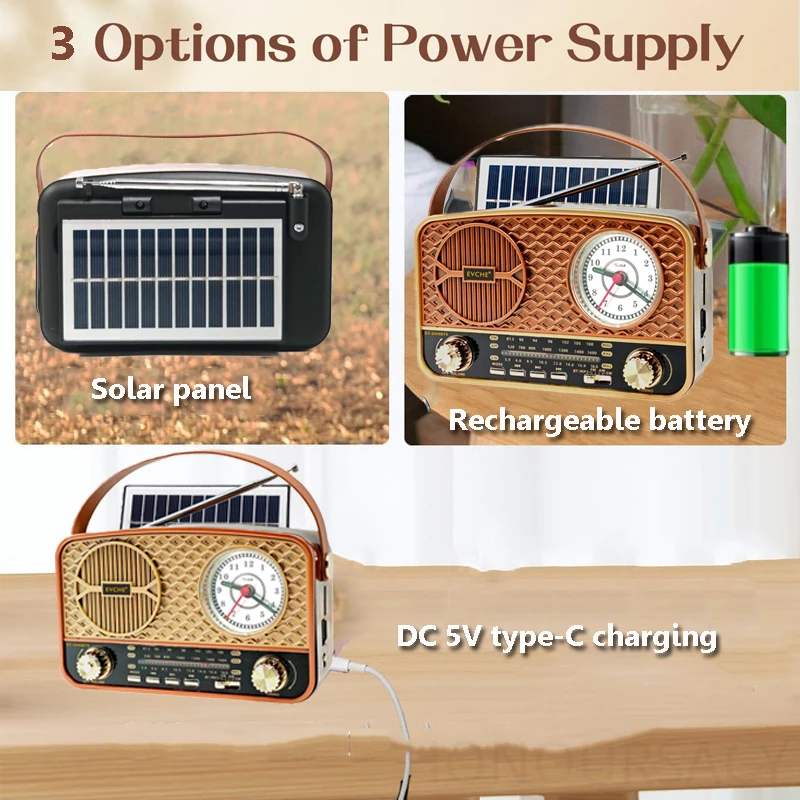 Solar Emergency Radio Bletooth Speaker Portable Classic Vintage Radio Retro Pointer Clock FM AM SW Radio For TF USB Music Player