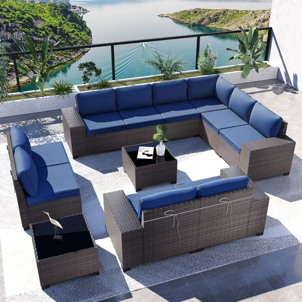 

Outdoor Patio Furniture Set 12 Pieces Brown PE Rattan Wicker Patio Conversation Set 10 Navy Blue Seat Cushions and 2 Glass Table