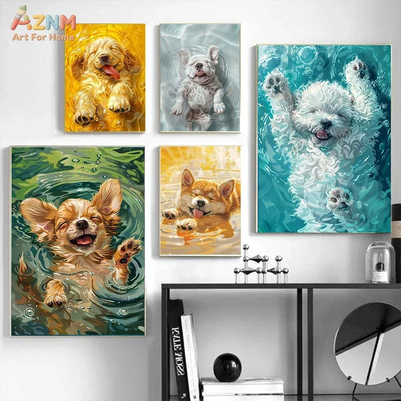 AZNM Cute Puppy Swimming Canvas Wall Art Water Ripple Dog Golden Retriever Shih Tzu French Bulldog Colorful Pet Art Print Poster