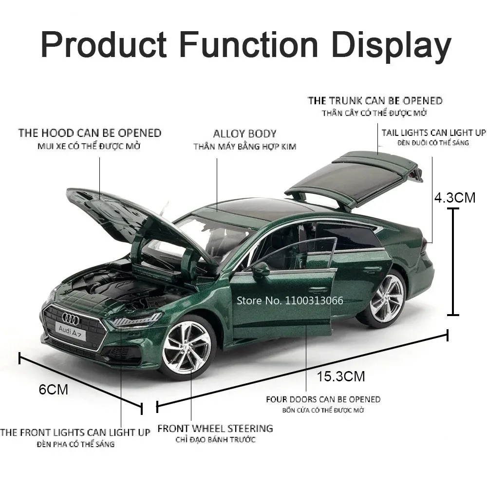 1:32 Model Car Toys Audi A7 Mitsubishi EVO IX Alloy Diecast Sound Light Doors Opened Pull Back Christmas Vehicls Gifts for Kids