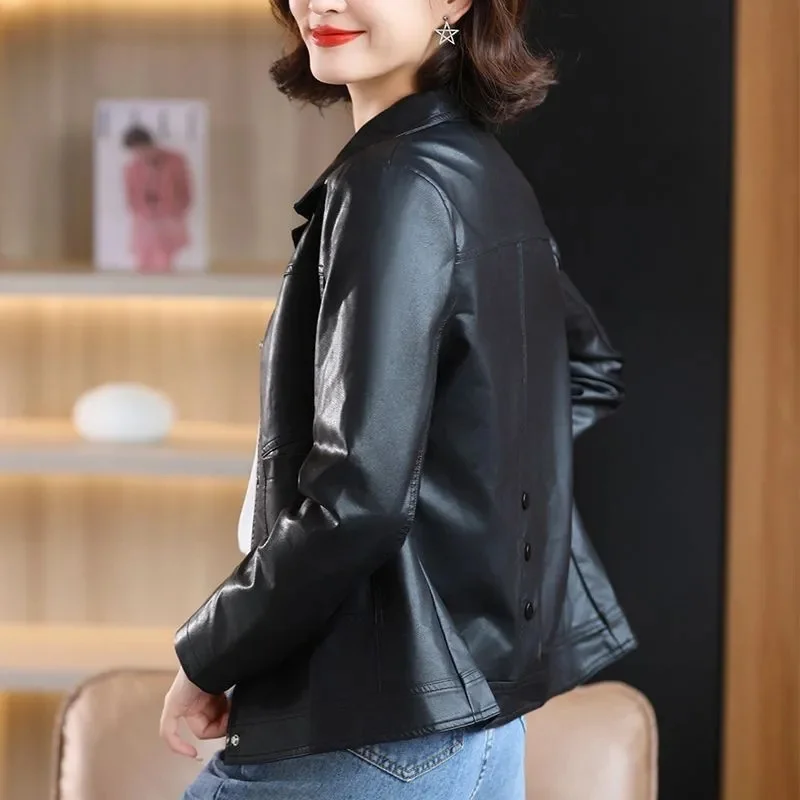 Female Leather Jacket Women's 2024 Spring Autumn New Popular Fashion Loose Fit Plus Size 4XL Versatile Leather Jackets Top Yello