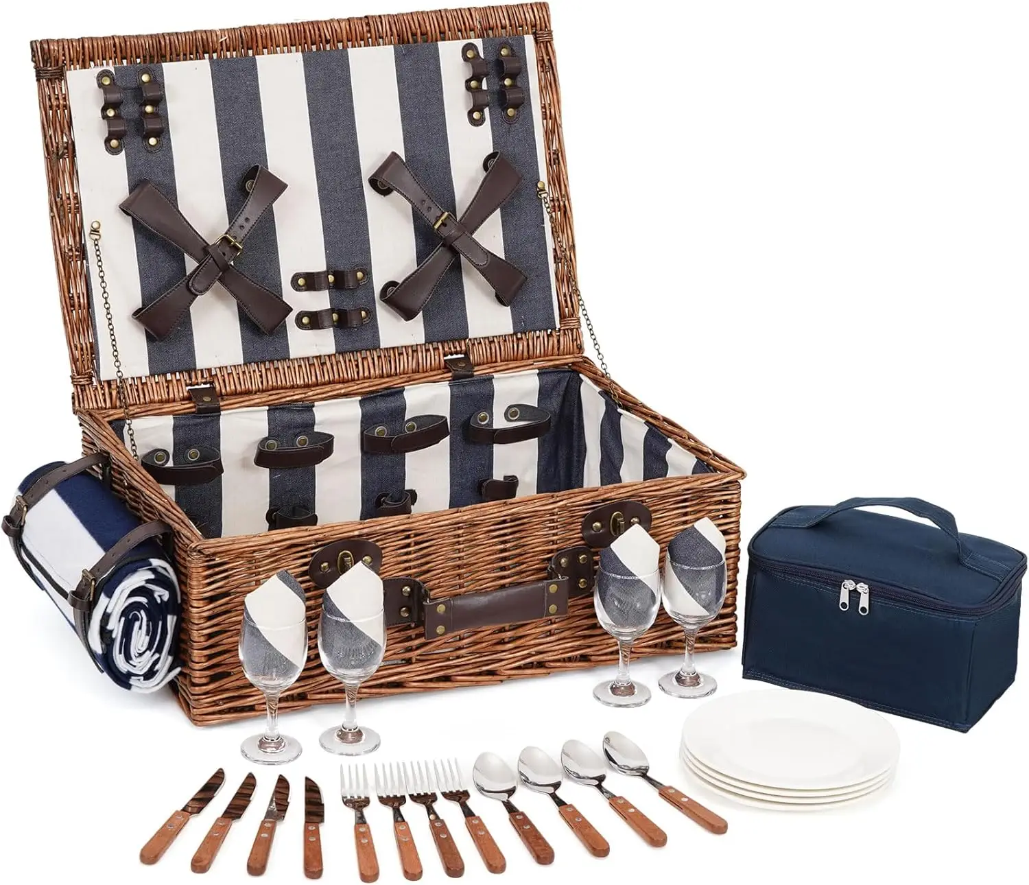 سلة نزهة صفصاف كبيرة جدًا تتسع لـ 4 أشخاص أو أكثر، 22.85 بوصة × 15.35 بوصة مجموعة سلة نزهة من الخيزران الطبيعي المصنوع يدويًا #1