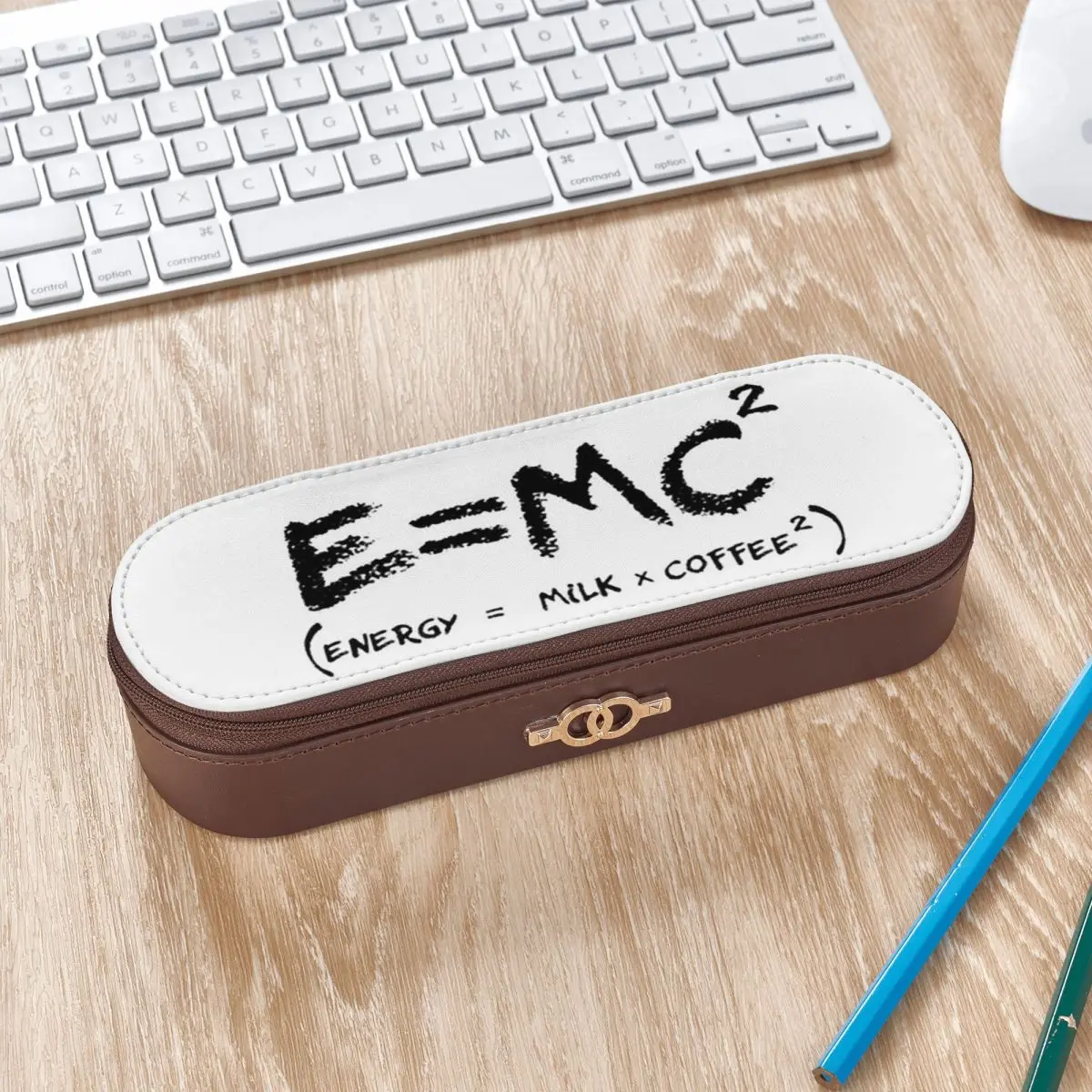 Science E = MC2 Energy Milk Coffee Physics Math Leather Pencil Case Pencil Pouch Storage Stationery Supplies Pen Box
