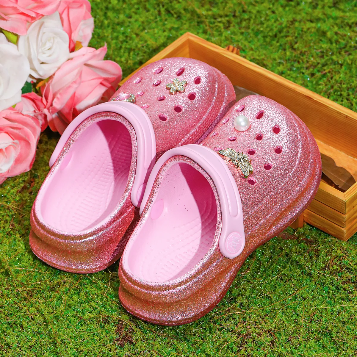 Kid's Glitter Clog and Mules, Lightweight EVA Garden Shoes, Non-Slip Sandals, Breathable Slip-On Shoes for Indoor Outdoor 168
