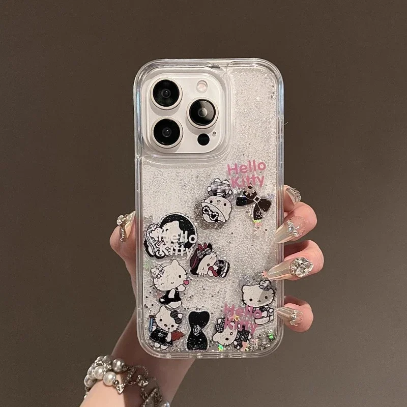 IPhone 16 Anime Phone Case Ins Glitter Pink Quicksand Black Hello Kitty Cartoon Transparent All Inclusive New Protective Case