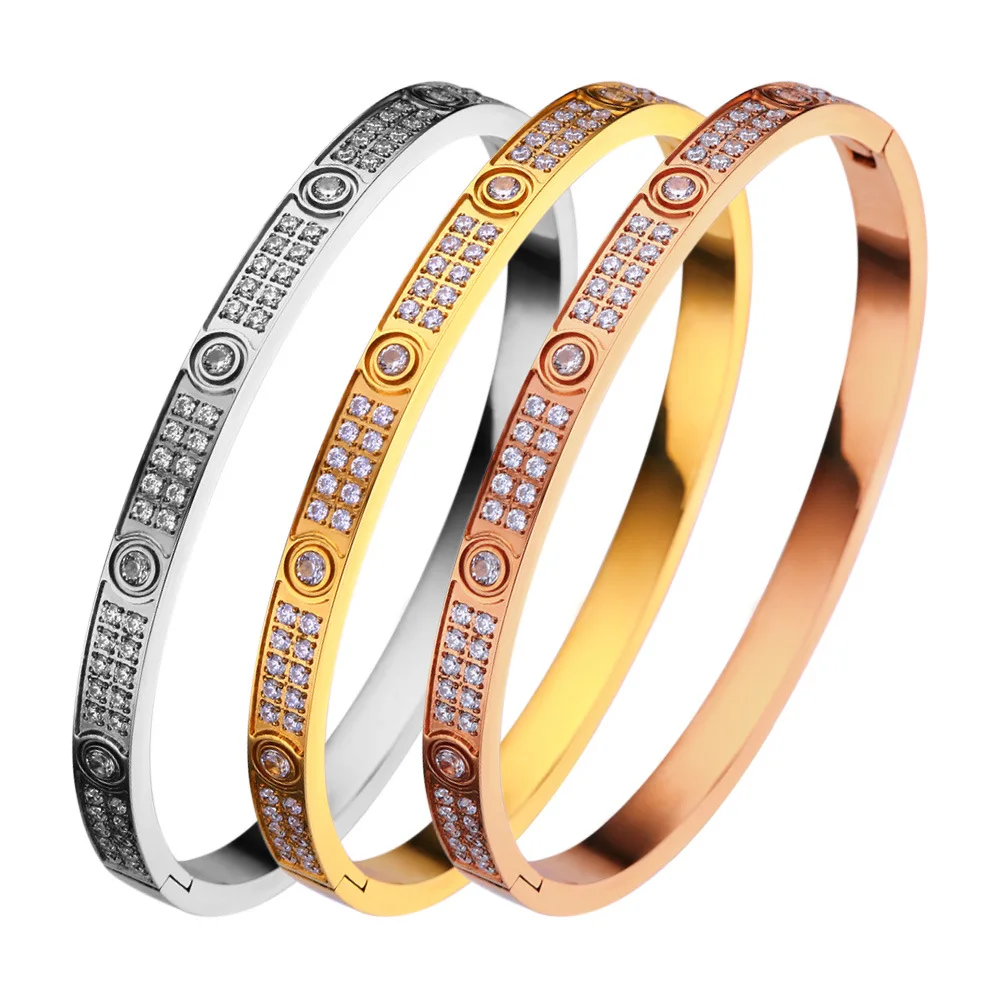 Luxury Cubic Zirconia Stainless Steel Bangles for Women Rose Gold Bracelet Jewelry Gifts Wedding Accessories  Браслет view 2
